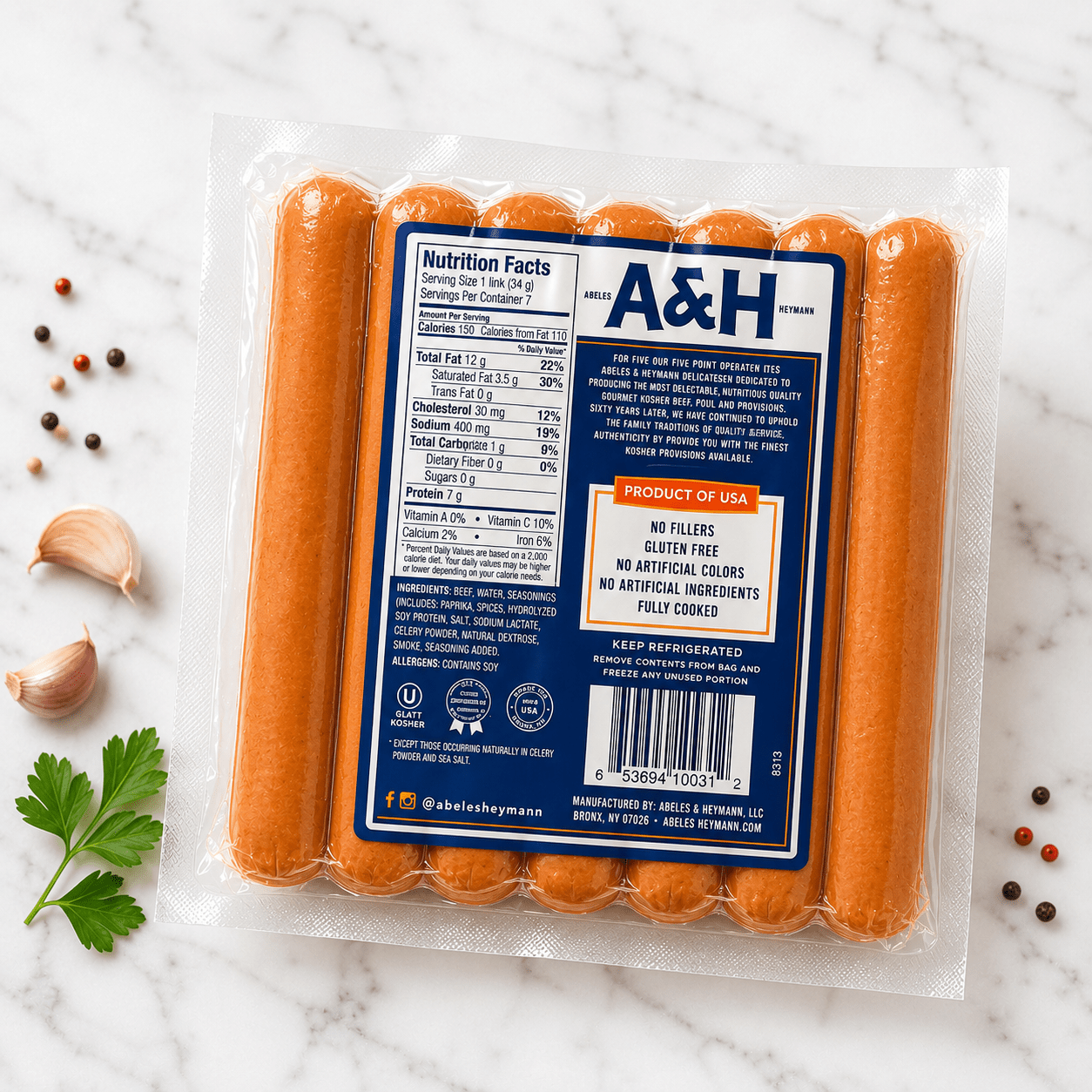 A&H Uncured No Nitrate Added Beef Hot Dog Franks 12 OZ. - CARNICERY